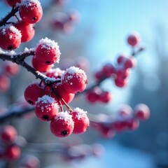 Frozen red viburnum berries on a clear blue winter sky, frozen berries, forest background