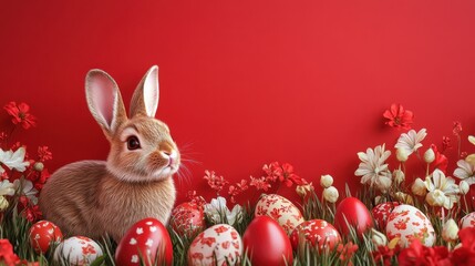 A red easter announcement or advertising banner with an easter rabbit, easter eggs and spring flowers. Generative AI.