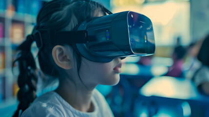 Young girl wearing virtual reality headset in classroom setting