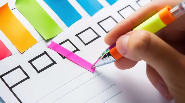 Business manager organizing success goals into a color-coded checklist for easy tracking. 