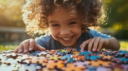 A child joyfully sorting through jigsaw puzzle pieces on a bright, sunny day. 