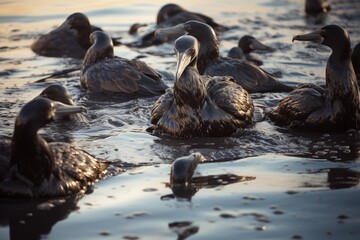 Group of seabirds covered in oil struggling in polluted water during an environmental disaster