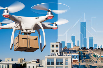 A futuristic collage showcasing a drone delivering a package over an urban landscape, blending real-world and digital elements to depict the evolution of smart cities and logistics technology.