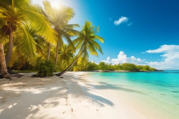 Obraz premium Idyllic tropical beach with lush palm trees, white sand, and crystal clear turquoise water