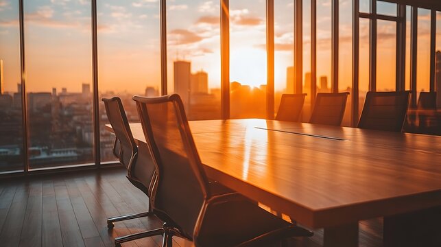 Meeting room with sunset over city skyline, empty space