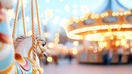 Close-up of a carousel horse with golden bokeh lights from the carousel, evoking a sense of fun and celebration. Selective focus. Ideal for promotional visuals, amusement park ads, and themed events