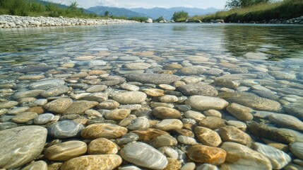 A clear mountain stream flowing over smooth rocks in a tranquil setting. 