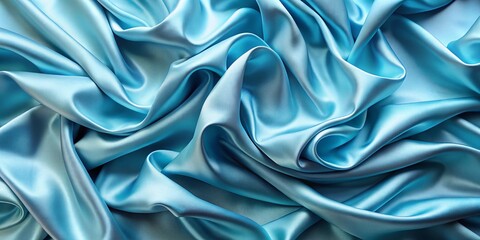 Fototapeta premium Light Blue Silk Fabric Waves, Modern Satin Texture, Bed Sheet, Top View Banner