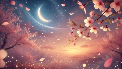 A peaceful landscape featuring a drifting cherry blossom scene with a soft crescent moon in the night sky, where petals gently float, illuminated by the moon's glow