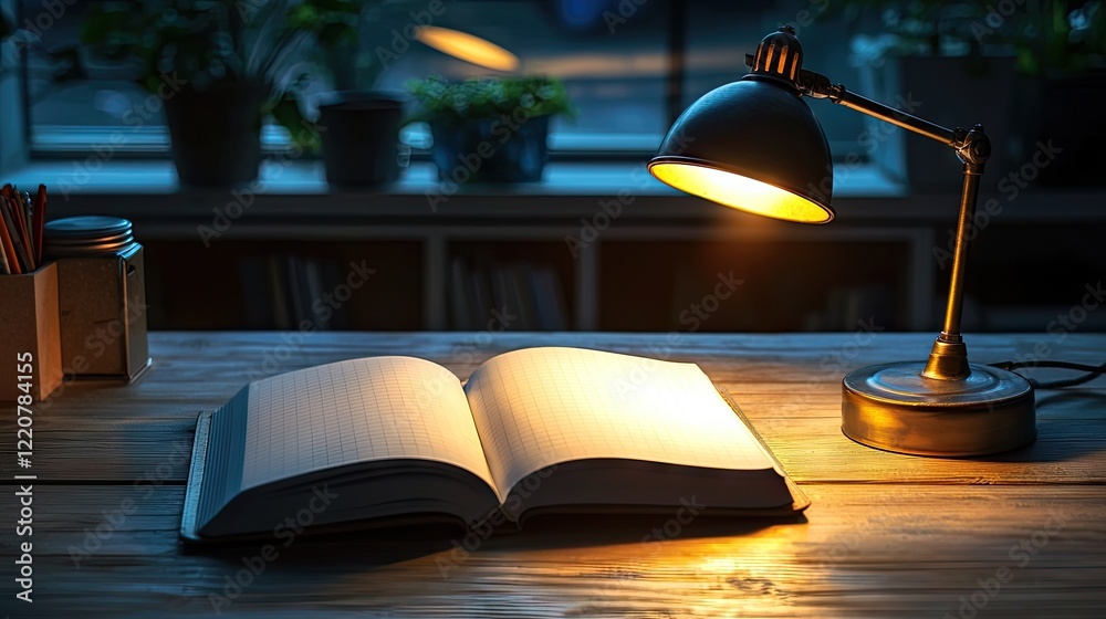 Wall mural a close-up of a desk lamp casting a gentle light on a notebook.