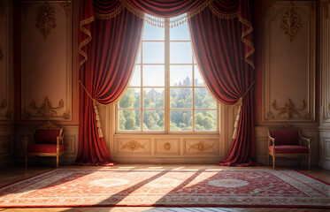 Sunbeams illuminate a grand, ornate room with crimson velvet curtains framing a large window overlooking a lush green garden.