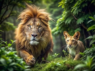 Fototapeta premium Lion Hunting Rabbit in Lush Green Forest - Dramatic Wildlife Photography