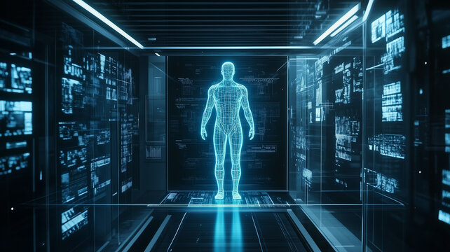 Glowing Digital Humanoid In Futuristic Data Corridor
