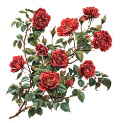 Vibrant Red Roses on a White Background with Green Leaves and Buds in a Beautiful Arrangement