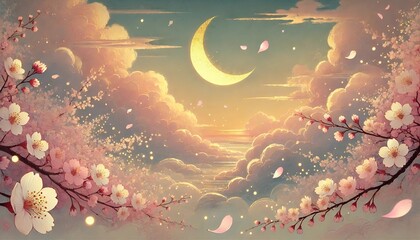 A serene and dreamlike landscape in traditional Japanese ukiyo-e style, featuring a delicate crescent moon glowing with golden light in the sky, surrounded by light clouds