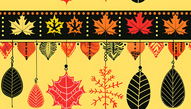 A colorful autumn-themed design featuring various leaves and patterns on a yellow background.