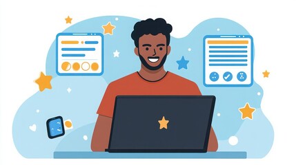 A young man participating in an online customer feedback survey for a tech gadget on a laptop. 