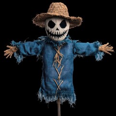 A scarecrow with a hat and a skull on its face. transparent background