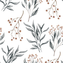 Watercolor floral seamless pattern with dried leaves, blue and beige blush flowers, leaf branches. Wedding invitations, backgrounds, wallpapers, fashion, prints, fabric