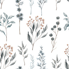 Watercolor floral seamless pattern with dried leaves, blue and beige blush flowers, leaf branches. Wedding invitations, backgrounds, wallpapers, fashion, prints, fabric