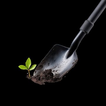 A black shovel is digging into the dirt next to a small plant. transparent background