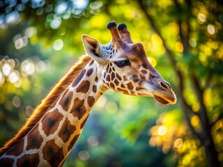 Obraz premium Lone Giraffe at the Zoo, Summer Profile, Bokeh Background
