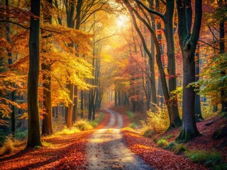 Lonely Path Through Autumn Woods: Serene Nature Stock Photo