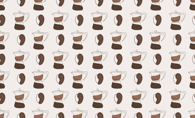 Seamless pattern of coffee beans and coffee makers in the fashionable color of 2025. Vector graphics, linear style. For fabric design, packaging, wallpaper