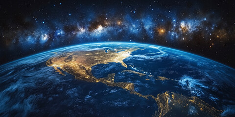 Fototapeta premium A geostationary orbital satellite orbits above Earth, providing a stunning perspective of the continent illuminated by city lights against a backdrop of stars