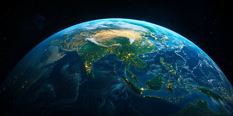 Obraz premium A geostationary orbital satellite captures the stunning view of Earth, showcasing bright city lights, vast oceans, and detailed landforms of Asia and surrounding regions during nighttime