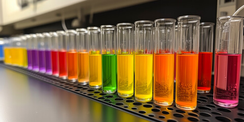 Neatly organized glass beakers filled with vibrant liquids in a laboratory setting display a spectrum of colors, highlighting the results of an experimental procedure