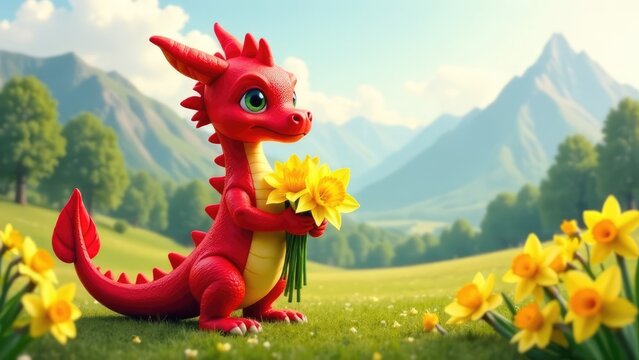 A cute red Welsh dragon holds a bouquet of yellow daffodils in a mountainous meadow. Concept of: Spring celebration. Saint David's Day - Powered by Adobe