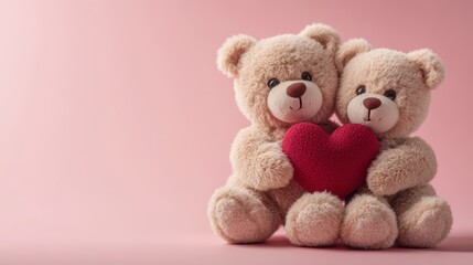 Adorable teddy bears embracing red heart on pink background - perfect for valentine's day