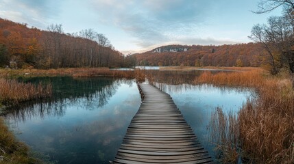 Autumnal lake boardwalk path, serene nature scene, ideal for travel brochure