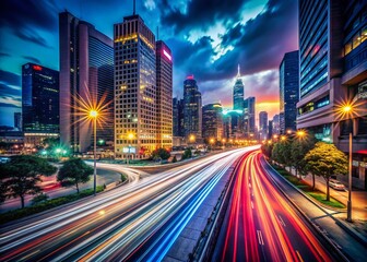 Obraz premium Long Exposure Light Trails Cityscape Night Photography, Urban Scene Background