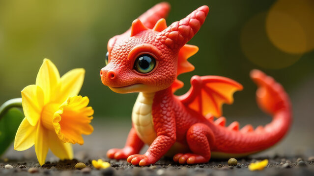 A tiny red Welsh dragon sits beside a vibrant yellow daffodil on a textured surface. Concept of: Miniature fantasy. Saint David's Day - Powered by Adobe