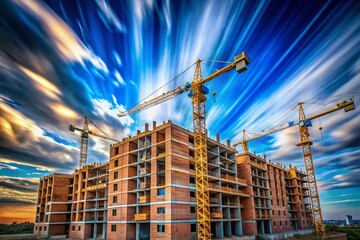 Long Exposure: Multi-Story Brick House Construction Under Blue Sky