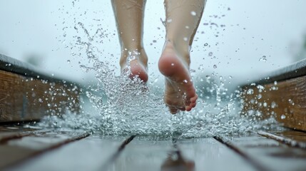 Fototapeta premium A close-up of feet leaving the edge of a dock, just before splashing into the water. 