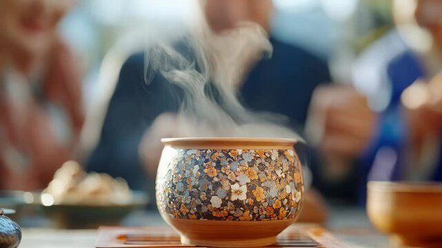 Artistic Close-up of a Traditional Japanese Tea Bowl with Steam Rising, Showcasing Intricate Floral Patterns and an Engaging Tea Ceremony Atmosphere