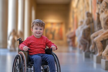 Caucasian young male child in wheelchair smiling indoors with art background