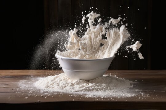 A white ceramic bowl tipped over with flour spilling out onto a wooden table