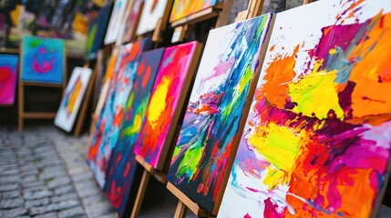 A close-up of vibrant paintings displayed at an outdoor market.