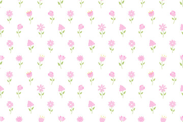 Seamless pattern with pink flowers. Hand drawn texture wild flowers. Nursery decor. Seamless pattern for textile, print for girl baby and woman dress, home decor, floral design, wrapping paper