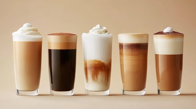  5 coffee drinks in tall glasses lined up, coffee with cream on top and different types of milk