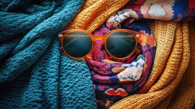A flat lay of vintage sunglasses and scarves, exuding retro vibes