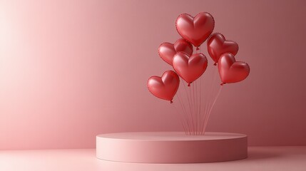 Romantic display with empty podium and heart shaped balloons for valentine's day decor