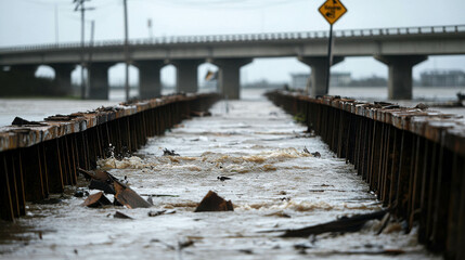 Fototapeta premium Iconic Bridge Partially Submerged by Floodwaters in a Natural Disaster Scene