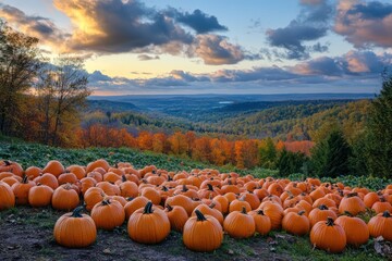 A picturesque hilltop covered in pumpkins, overlooking a valley of fiery autumn trees