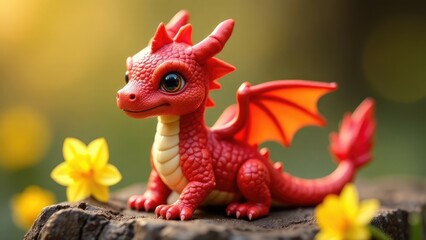 Fototapeta premium A sweet red Welsh dragon sits on a stone with yellow daffodils in a soft background. Concept of: Welsh character. Saint David's Day