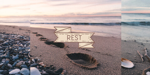 Restful Beach Collage. A tranquil beach scene collage featuring pebbles, footprints, the ocean, and a "REST" banner, capturing the serenity of the coast and inviting relaxation.